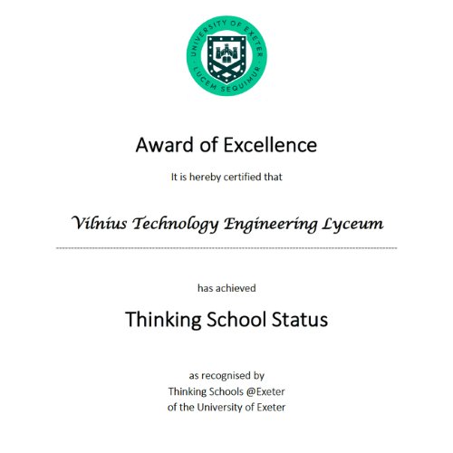 [:lt]Dar vienas įvertinimas į mūsų pasiekimų krepšelį – Exeter universitetas akreditavo mus „Mąstymo mokykla“. [:]